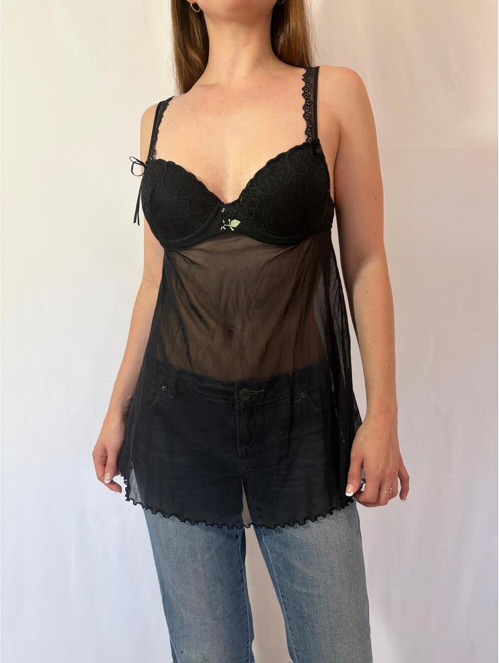 Coquette Black Floral Applique Sheer Babydoll Negligee Bustier